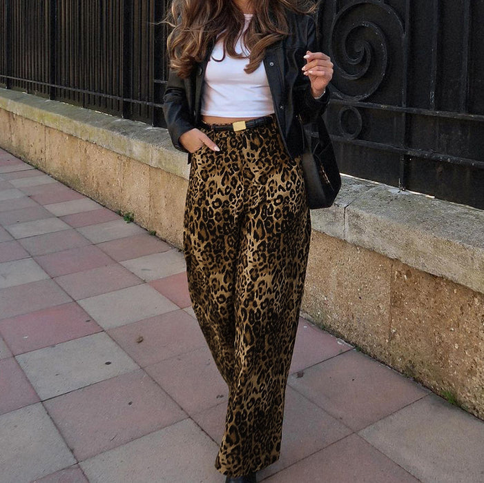 Spring Summer Retro Leopard Print Wide Leg High Waist Casual Pants Office Trousers Women