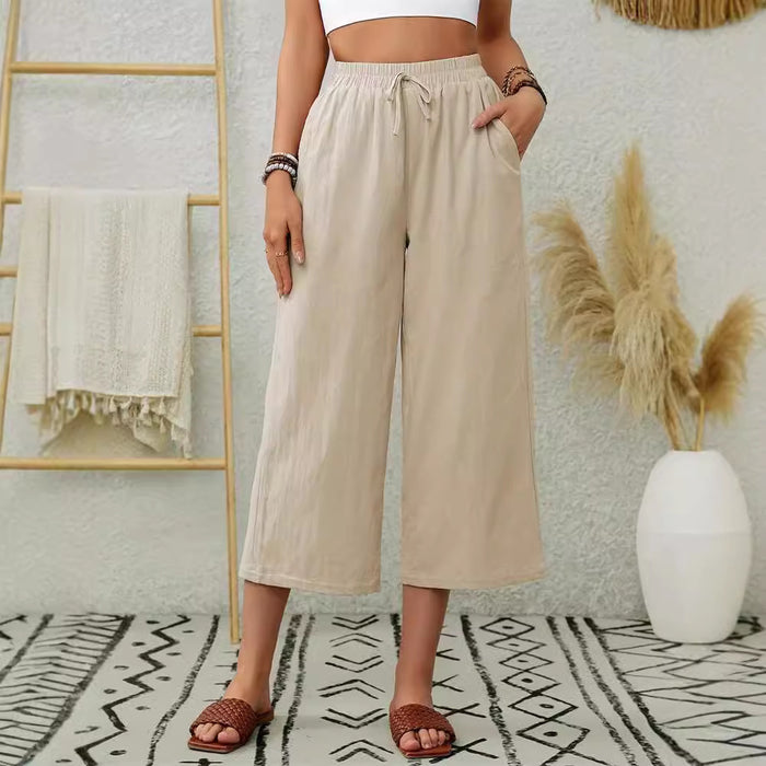 Elegant Cotton Linen Elastic Waist Pocket Wide Leg Cropped Pants Office Solid Color Straight Casual Women Pants