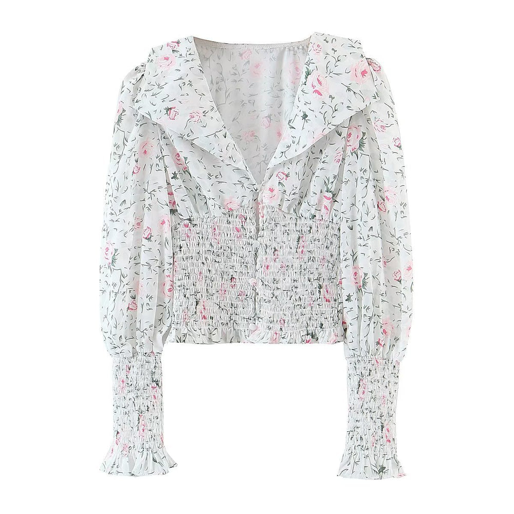 Autumn Blogger Floral Large Collared Single Elasticated Waist Lantern Sleeve Long Sleeve Shirt