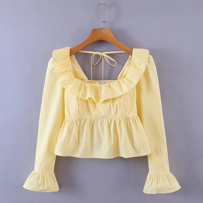 Summer Wind Women Solid Color Long Sleeve Ruffled Shirt