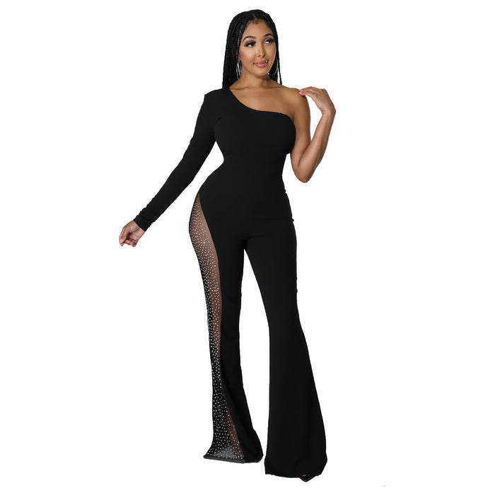 Trousers Mesh Rhinestone Tube Top One Shoulder Sexy Nightclub Jumpsuit