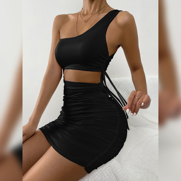 Spring Summer Drawstring Hollow Out Cutout Sleeveless Women Clothing Sexy Waist Hollow Out Cutout-out Double-Layer One-Shoulder Dress Hollow Out Cutout