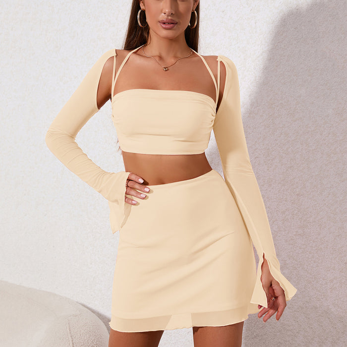 Outfit Skirt Arrival Sexy Mesh Halter Zipper Top Hip Skirt Set Two Piece Set