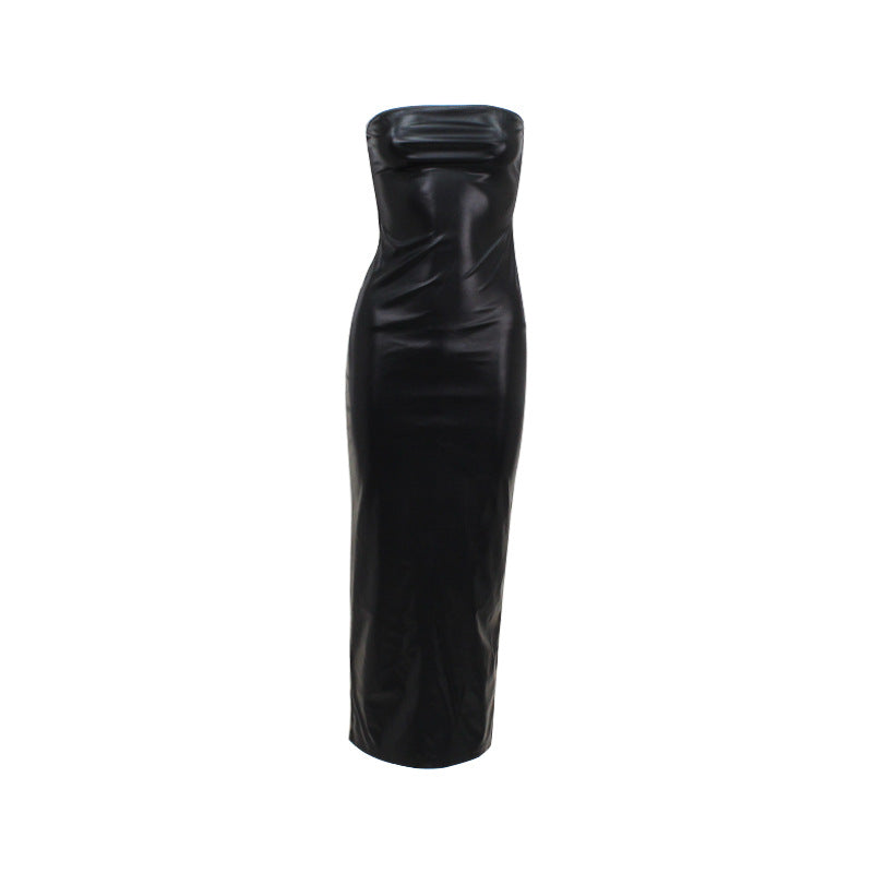 Women Sexy Tube Top Solid Color Faux Leather Dress Elegant Bodycon High Waist Hip Dress Sexy Dress