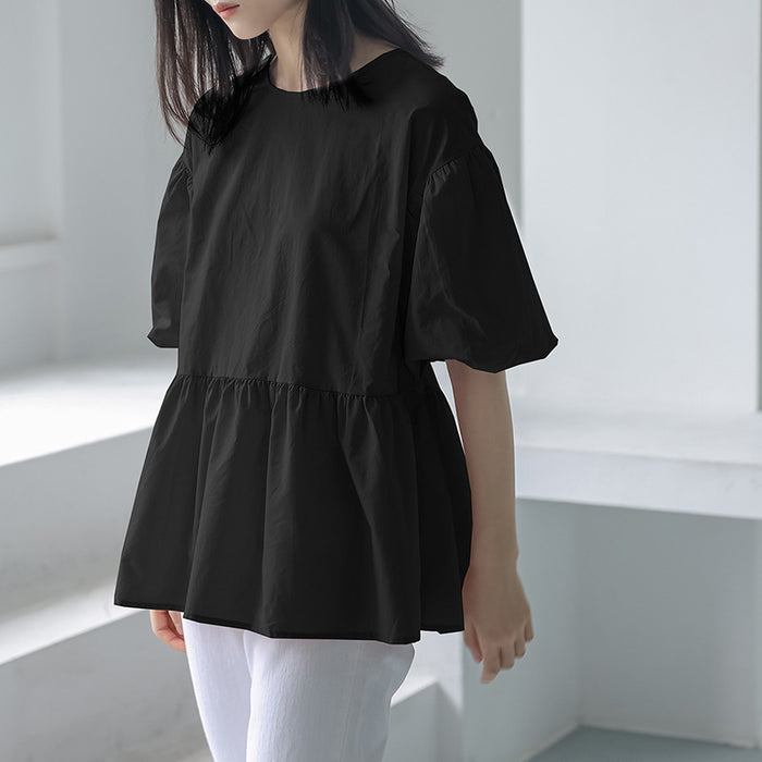 Japanese Korean Summer Short Sleeved Round Neck Shirt Women Lace Up Lantern Sleeve Minimalist Solid Color Top