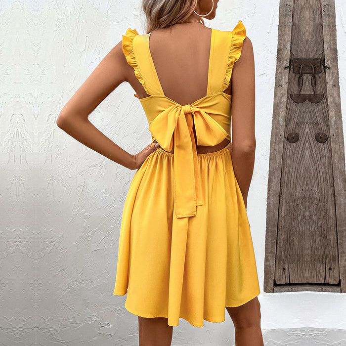 Summer Women Clothing Sexy Backless Waist Trimming Large Swing Sleeveless Beach Dress