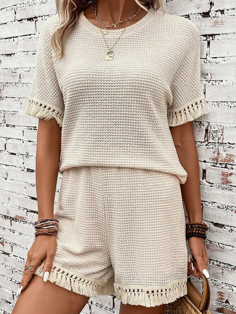 Women Clothing Summer Solid Color Simple Tassel Trim Texture Two Piece Set