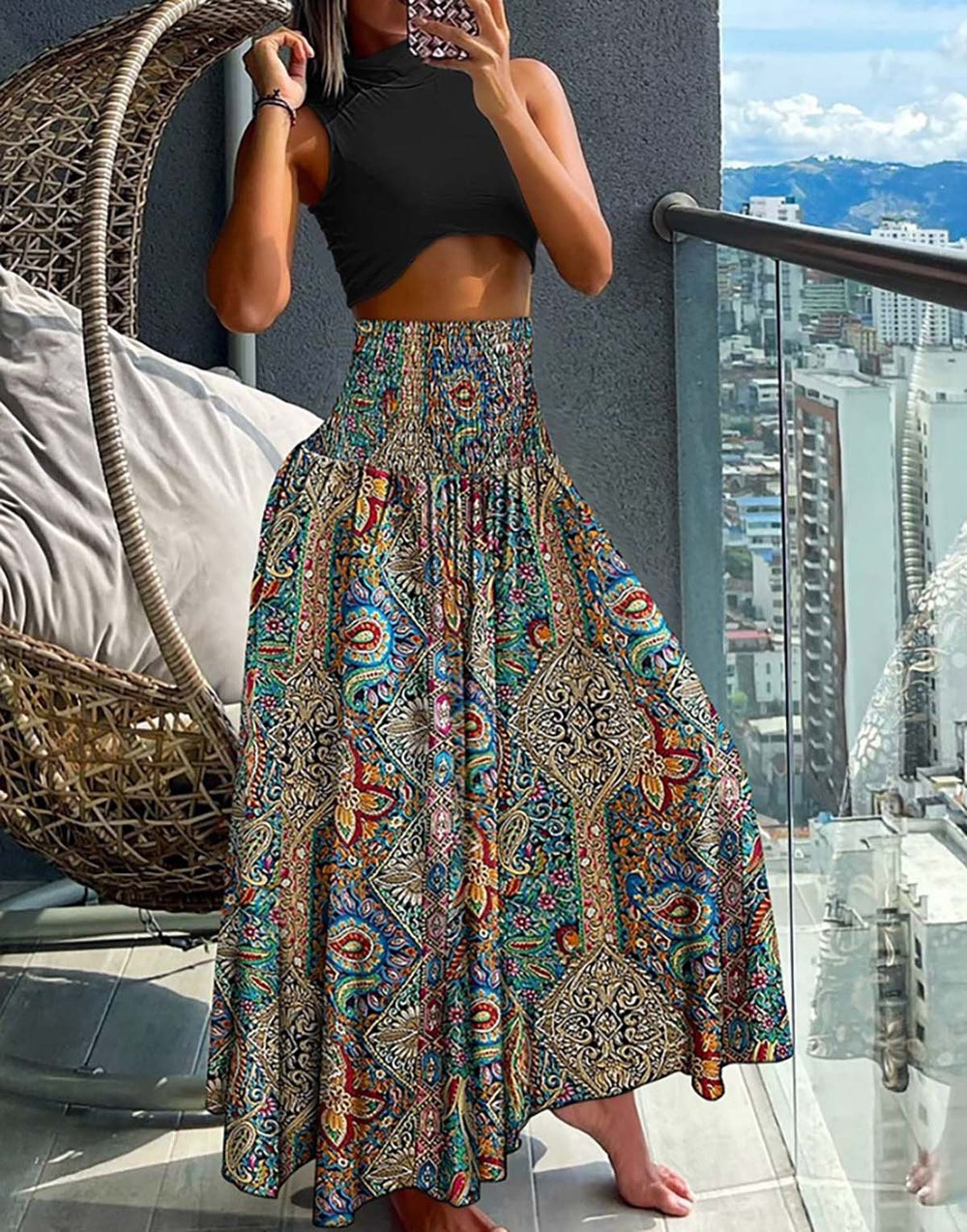 Women Clothing Bohemian Printed Elastic Waist Midi Skirt