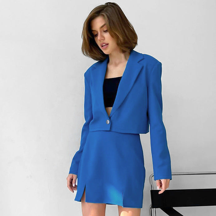 Blue Office Suit Collar Long Sleeve Split Casual Skirt Set Fall Winter Two Piece Suit