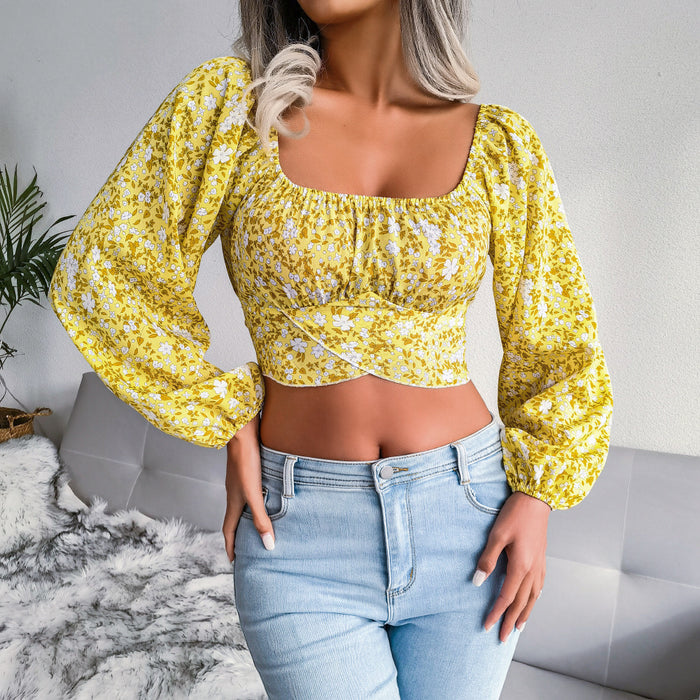 Lantern Sleeve Bow Floral Chiffon Shirt Vacation Cropped Top Women Clothing