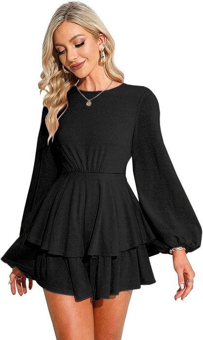 Fall Women Clothing Solid Color Sexy Backless Lantern Long Sleeve Ruffled Culottes Romper