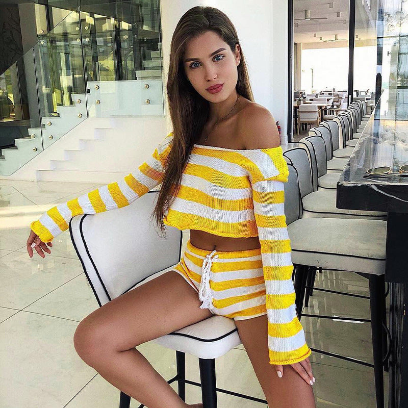 Knitted Striped Shorts Set Women Autumn Winter Long Sleeved Short Top Cropped Sexy Two Piece Set