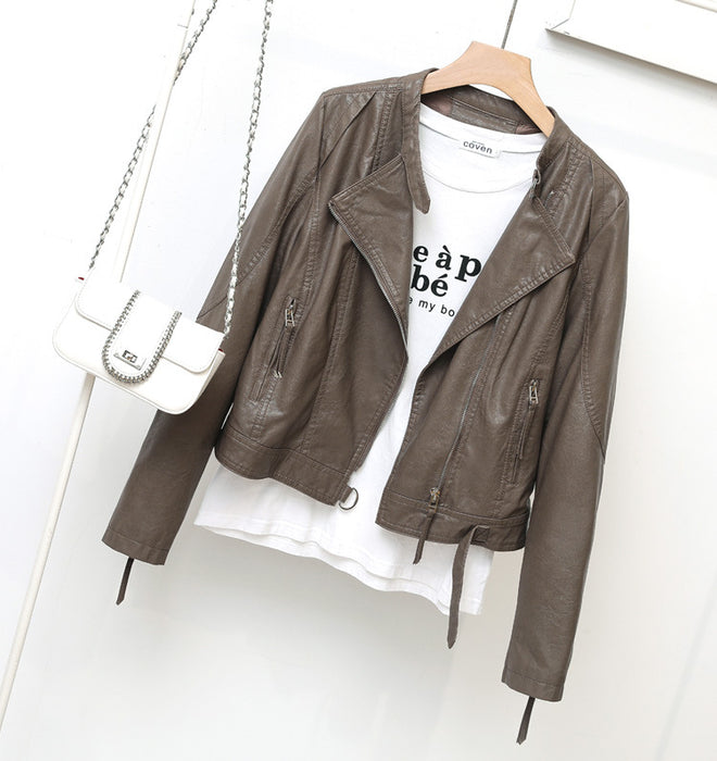 Autumn Simple Stand Collar Faux Leather Coat Women Short Korean Motorcycle Clothing Slim Leather Jacket