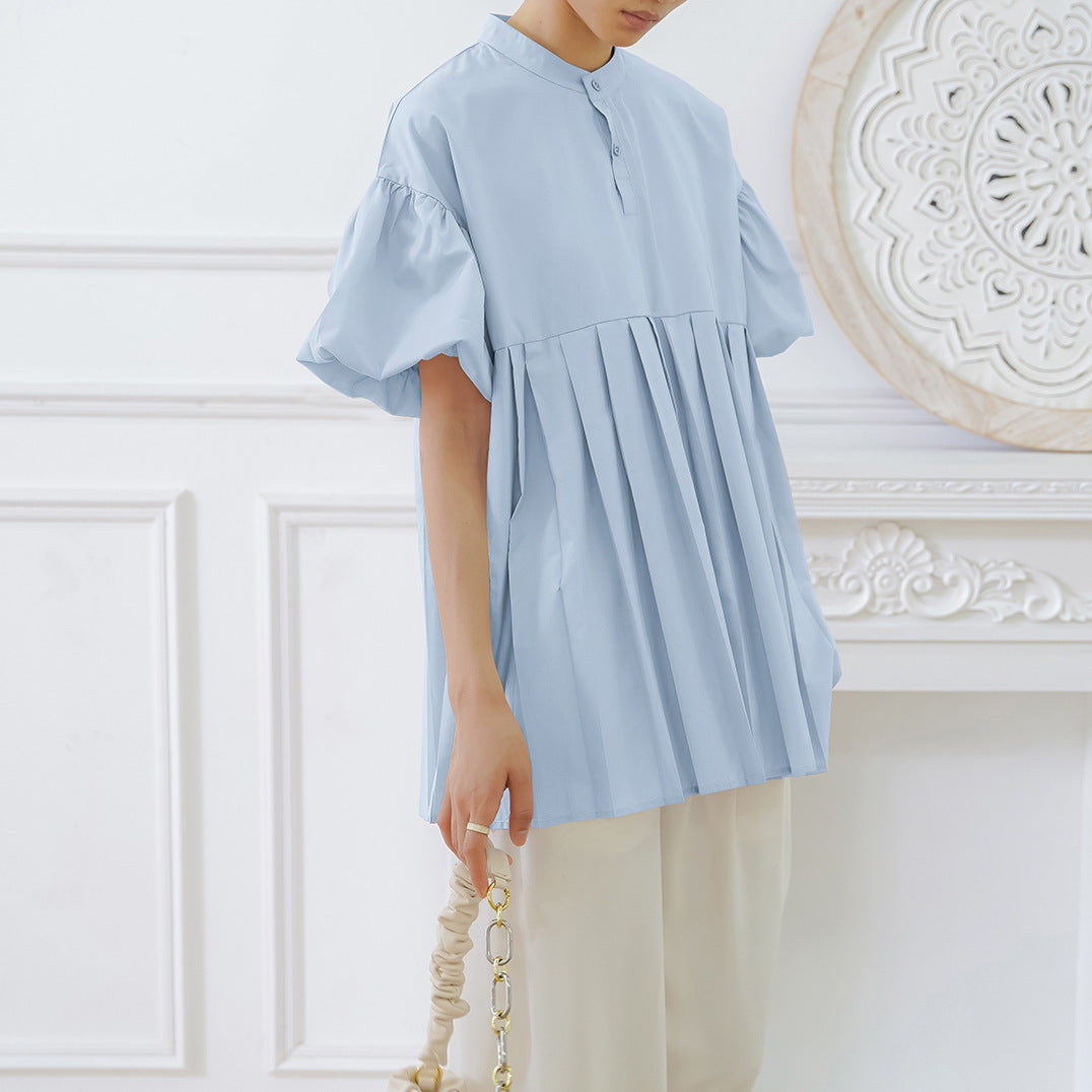 Spring Summer Cotton Anti Wrinkle Women Shirt Lantern Sleeve Pleated Cute Top