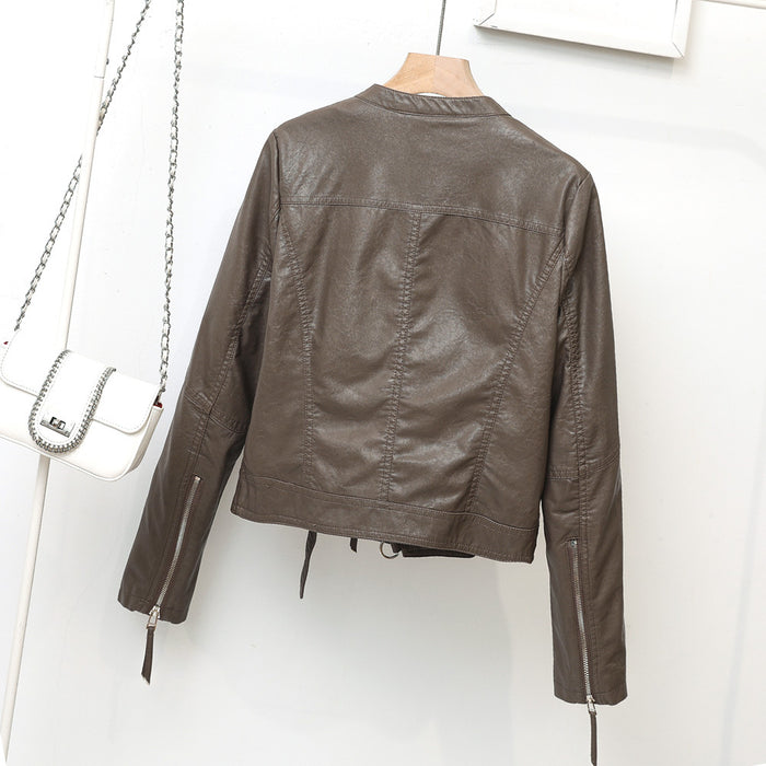 Autumn Simple Stand Collar Faux Leather Coat Women Short Korean Motorcycle Clothing Slim Leather Jacket