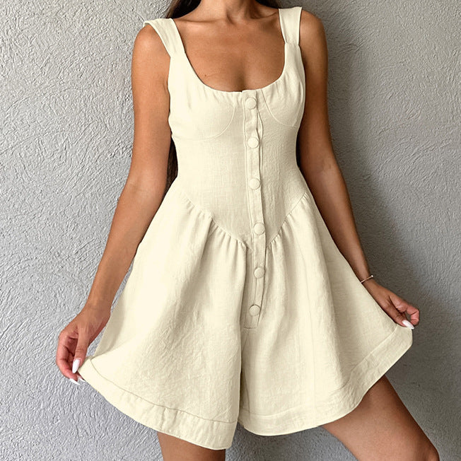 Summer Khaki Cotton Linen round Neck Spaghetti Straps Sleeveless Jumpsuit Shorts