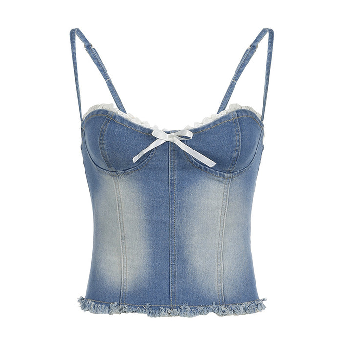 Street Washed Bow Lace Waist Tight Denim Vest Girl Slim Fit Sexy Sling