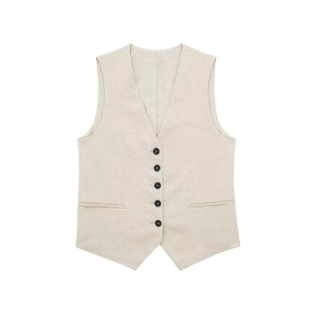 Women Linen Blended Vest Casual Shorts Suit