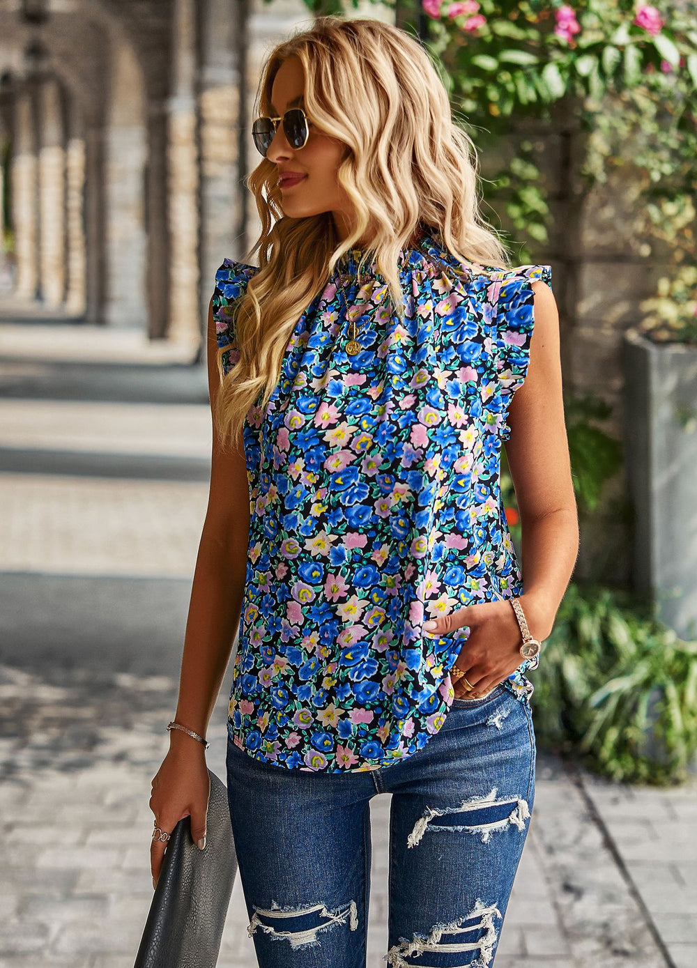 Women Clothing Loose Casual Top Spring Sleeveless Floral Shirt