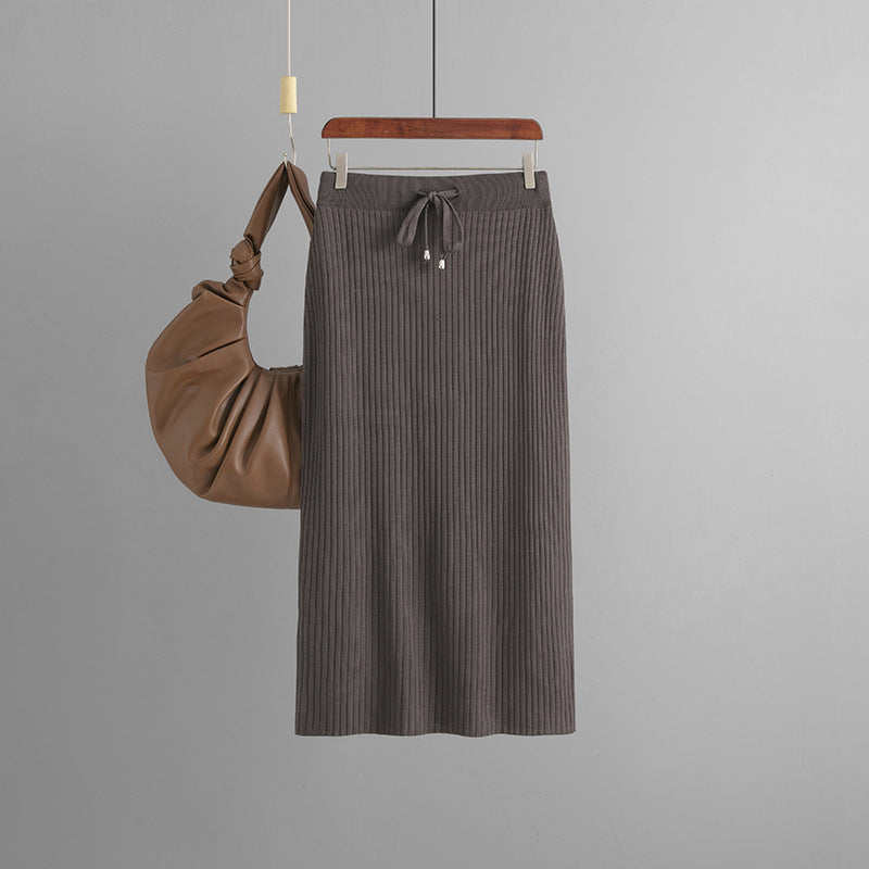 Women Knitted Skirt Type Hip Skirt Solid Color Ice Silk Mid Length Wool Skirt