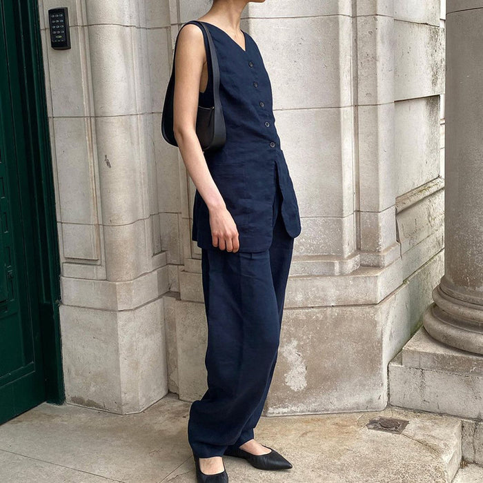 Navy Blue Sleeveless Vest Trousers Suit Summer Cinched Waist Waistcoat Slimming Two Piece Suit