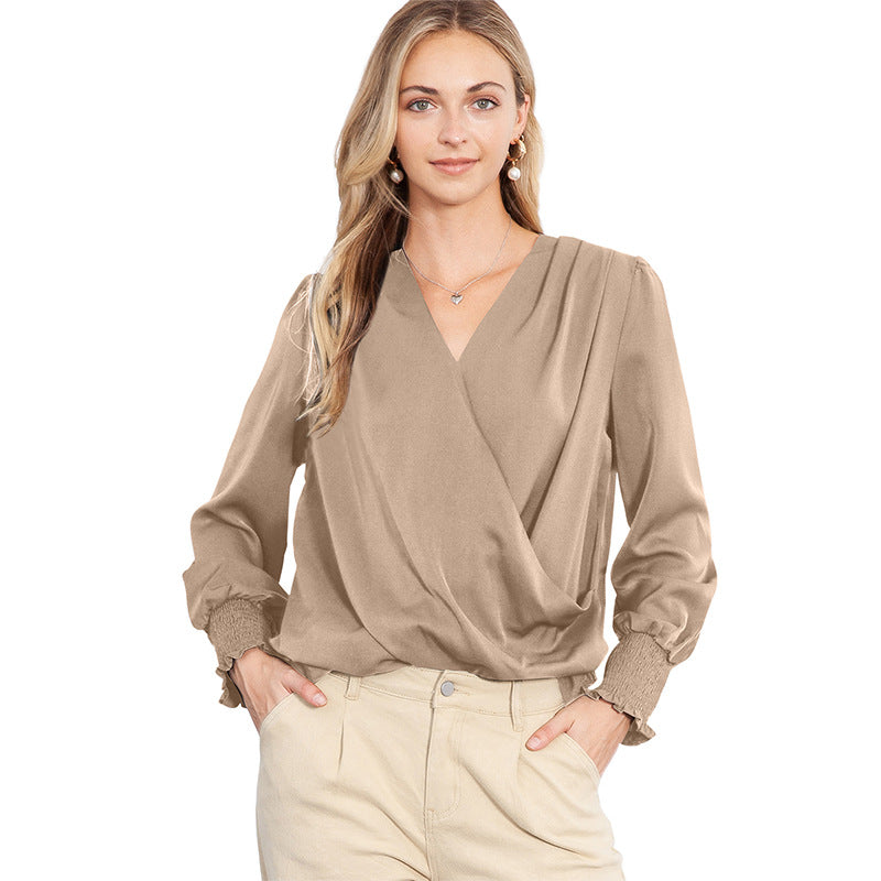 V neck Pullover Women Solid Color Elegant Loose Long Sleeve Top