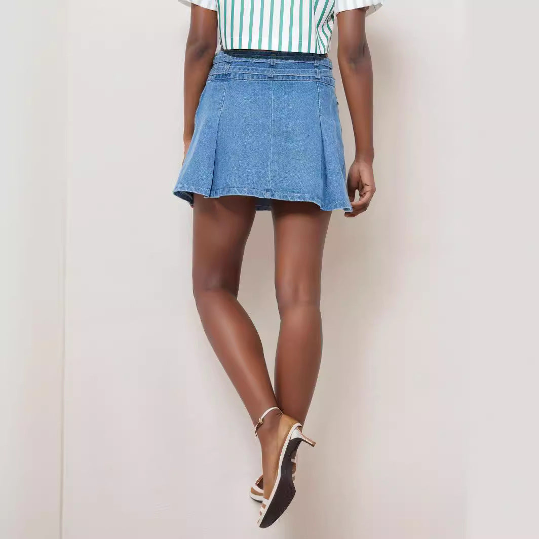 Women Clothing French Casual Retro Belt Mini Skirts