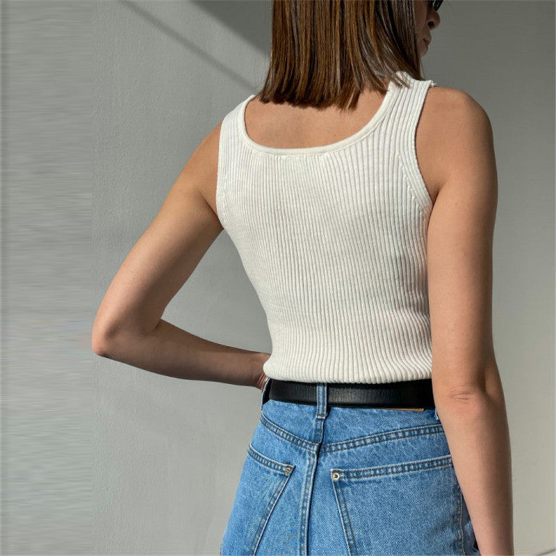 Summer Knitted Solid Color Square Collar Casual Cold-Shoulder Sleeveless Pit Striped Vest