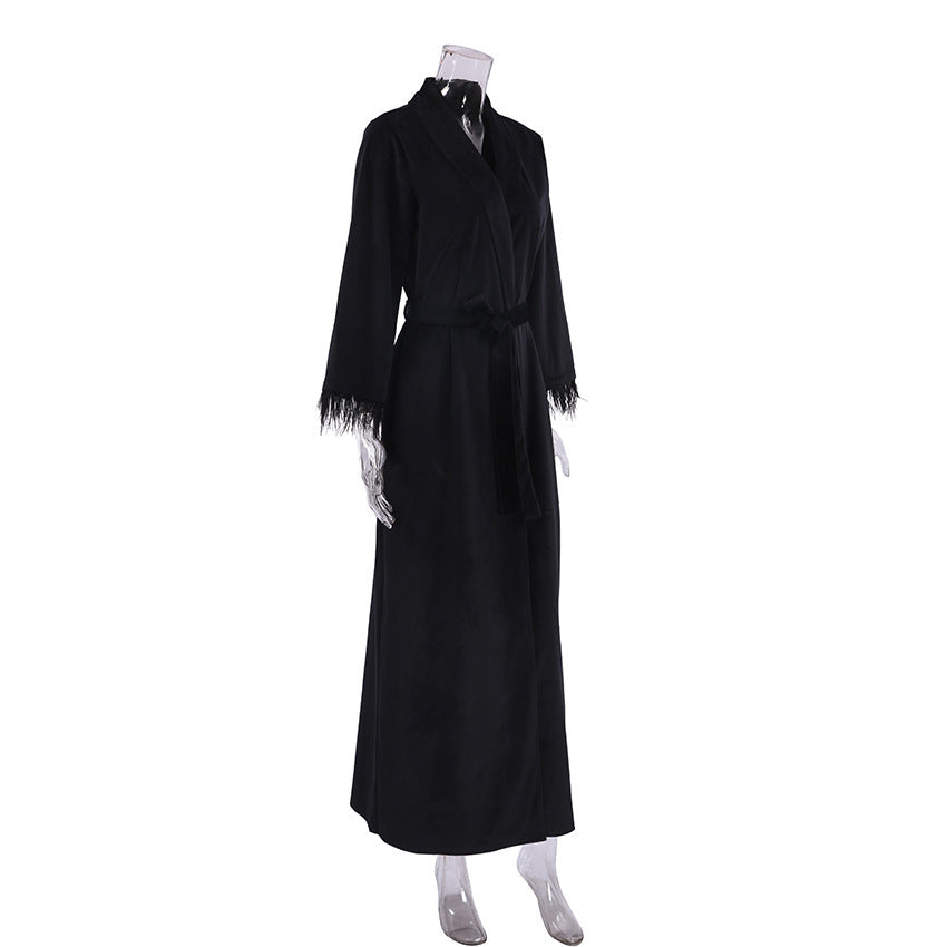 Knitted Feather Nightgown Long Cardigan Thermal Pajamas Women Homewear Black Long Sleeve Bathrobe
