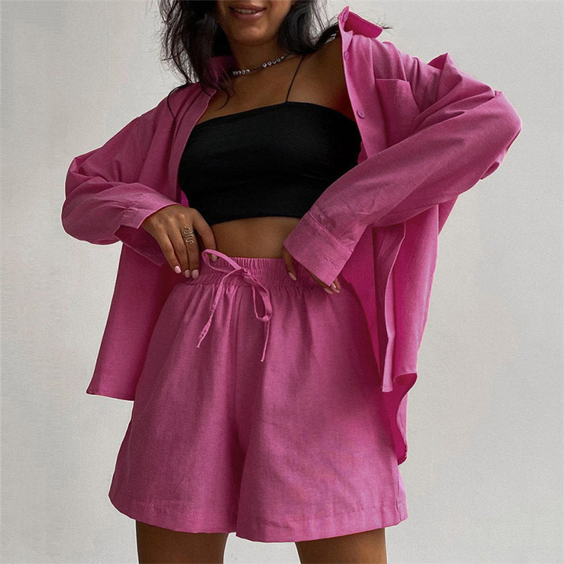 Casual Home Wear Set Spring Summer Women Long Sleeved Shirt Top Straight Shorts Two Piece Set