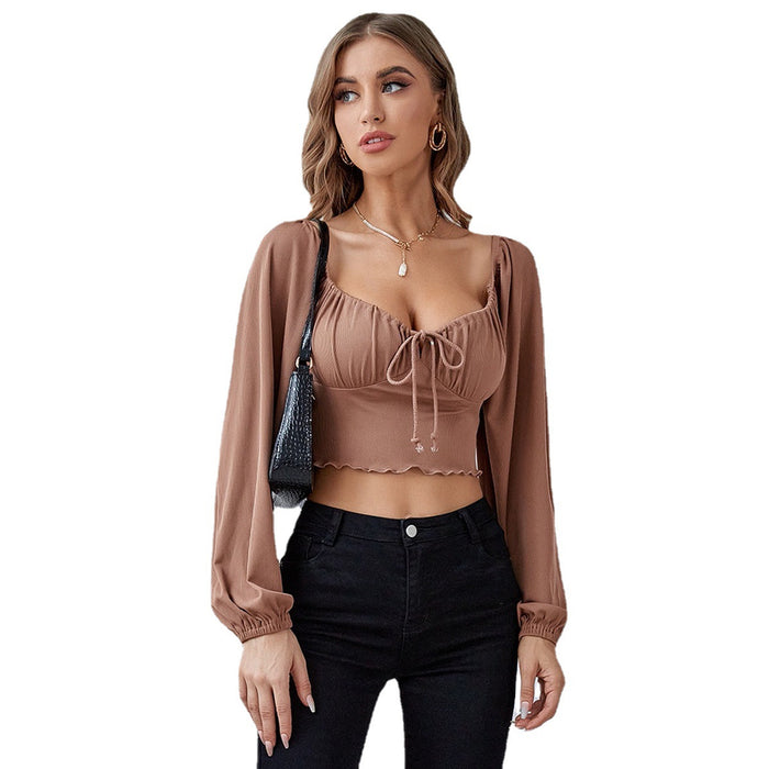 Sexy Slim-Fit Low-Cut Cropped Shirt Short Top Lantern Sleeve Drawstring Wooden Ear Knitted Long-Sleeved T-shirt