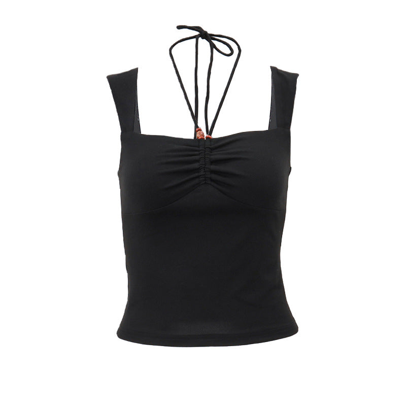Spring Top Sexy Halter Pleated Short Tube Top All Match Solid Color Vest for Women