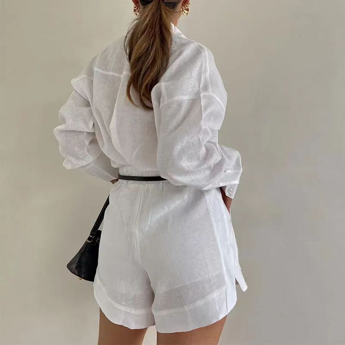 Women Clothing Casual Short Trousers Long Sleeve Shirt Set