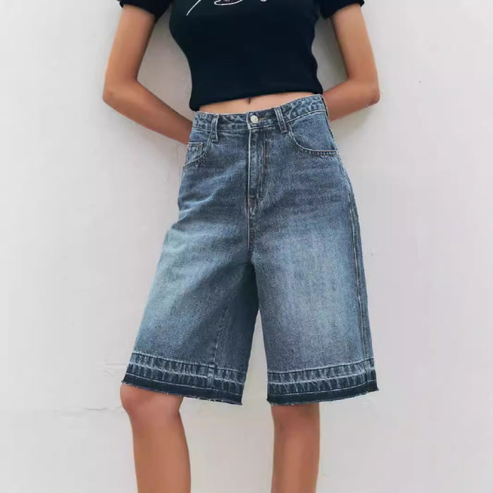 Retro Loose High Waist Casual Denim Middle Pants Women