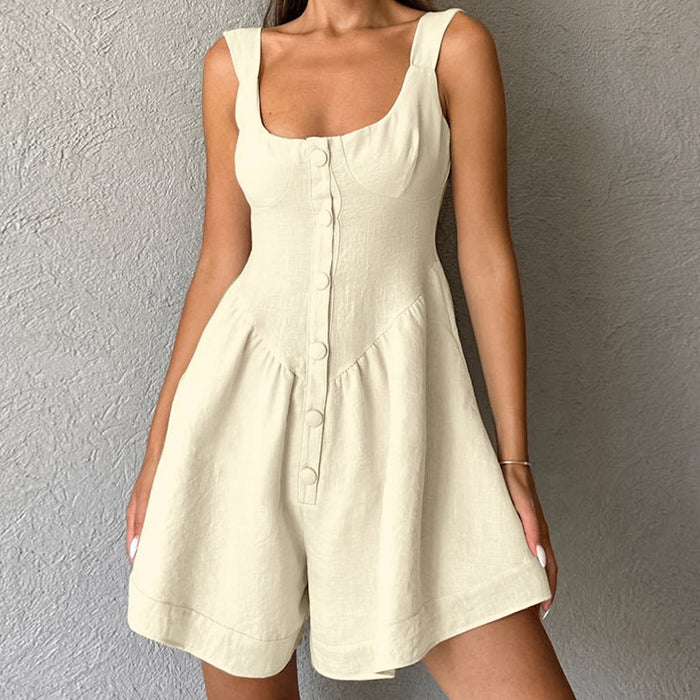 Summer Khaki Cotton Linen round Neck Spaghetti Straps Sleeveless Jumpsuit Shorts