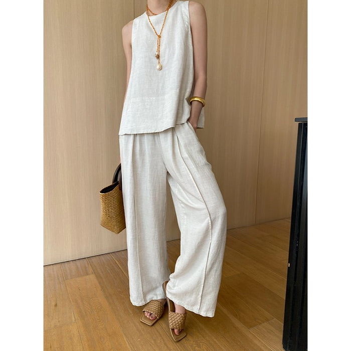 Summer Loose Feeling Tencel Linen Vest Wide Leg Pants Casual Two Piece Suit