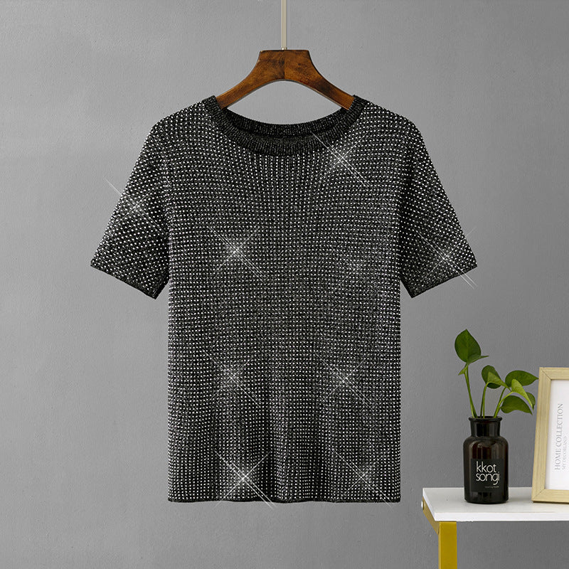 【MOQ-5 packs】 Spring Light Diamond Casual Heavy Embroidery Drilling Top Western Knitted Short Sleeve Women T shirt Summer
