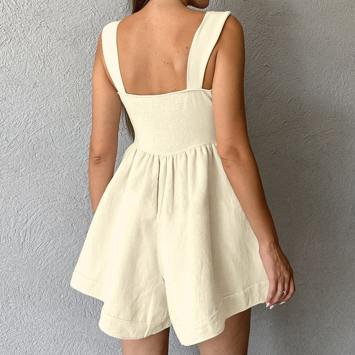 Summer Khaki Cotton Linen round Neck Spaghetti Straps Sleeveless Jumpsuit Shorts