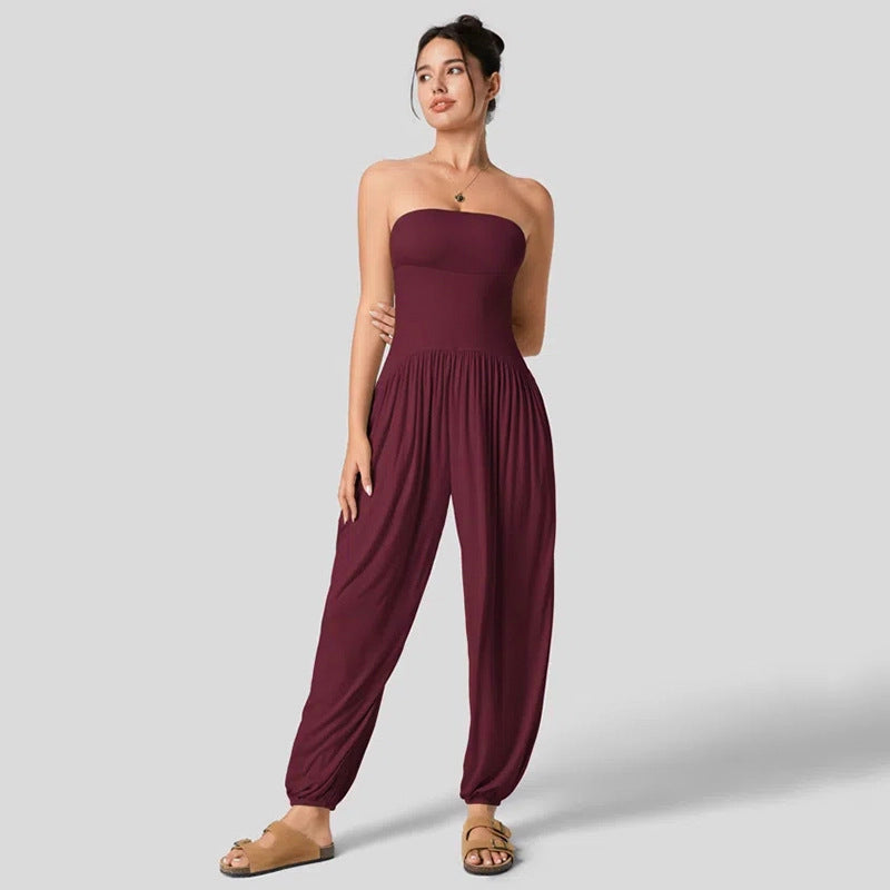 Women Clothing Summer Solid Color Casual Tube Top Cinched Waist Lantern Loose Tappered Women Jumpsuit