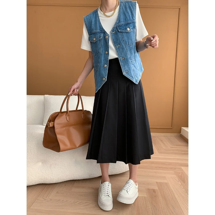 Tone Folding Fashionable Washed Blue Denim Vest Coat Cotton Early Autumn