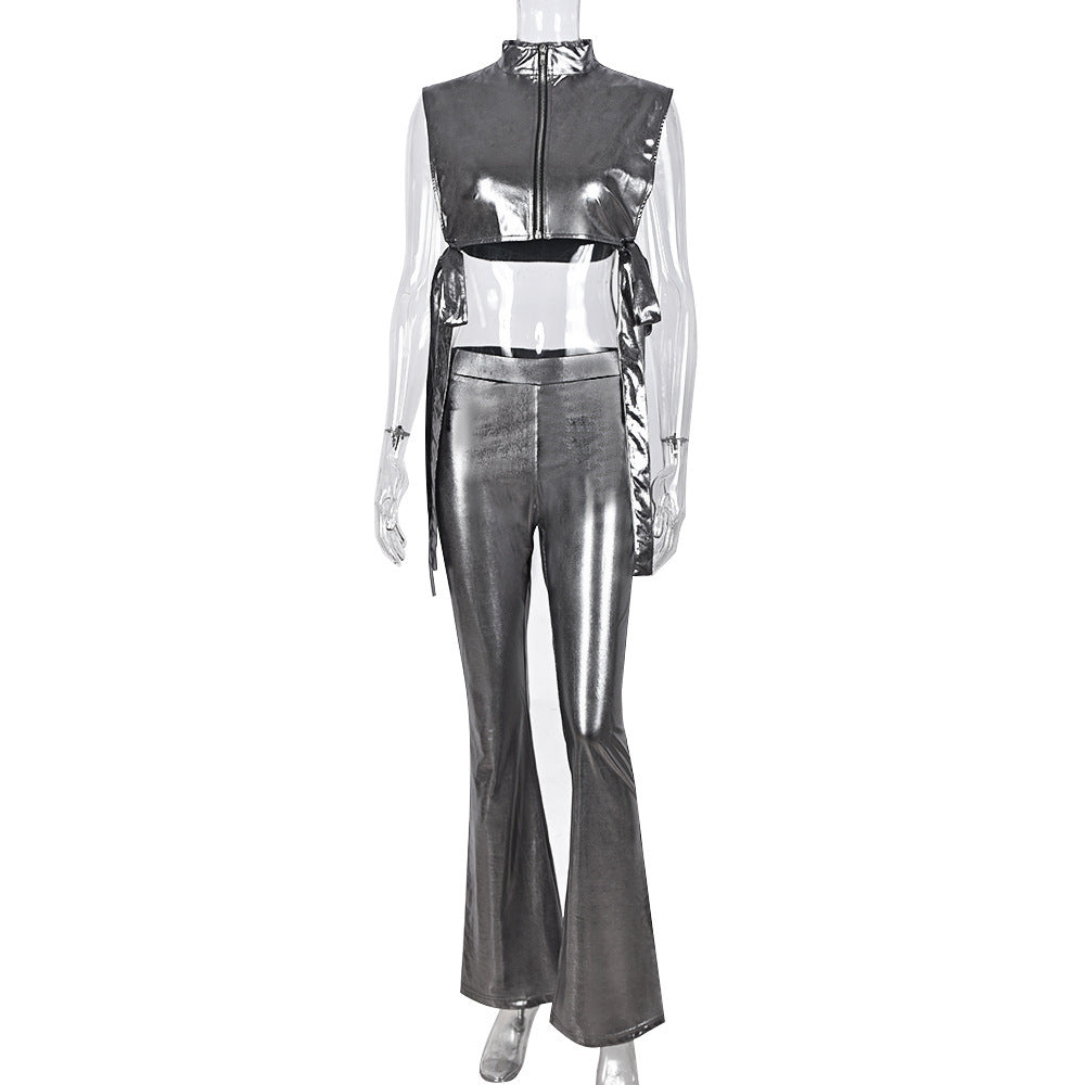 Sexy Side Exposed Hollow Out Cutout Vest High Waist Strap Bell-Bottom Pants Stretch Leather Suit