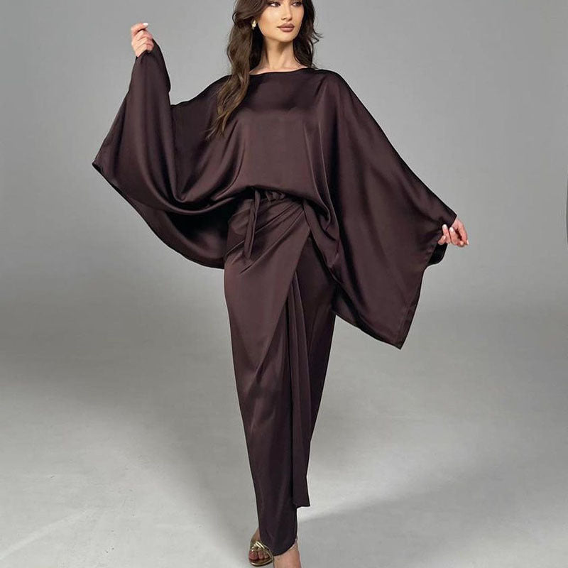 Satin Batwing Sleeve Irregular Asymmetric Long One Step Skirt Two Piece Set Women