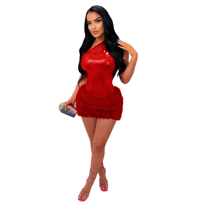 Women Clothing Skirt Set Jumpsuit Glossy Sexy Skirt Two Piece Set