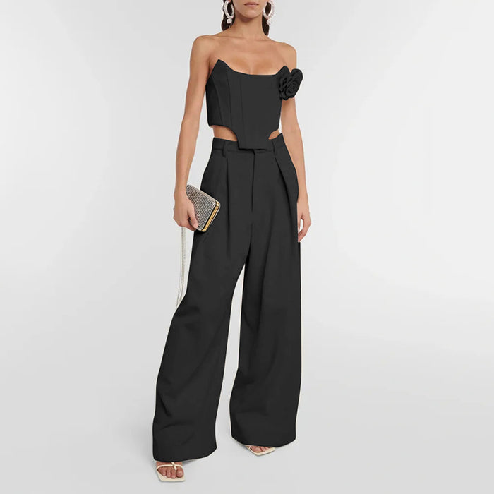 Tube Top Boning Corset Cropped Outfit Top Casual Wide Leg Pants Solid Color Sexy Suit Two Piece Set for Women