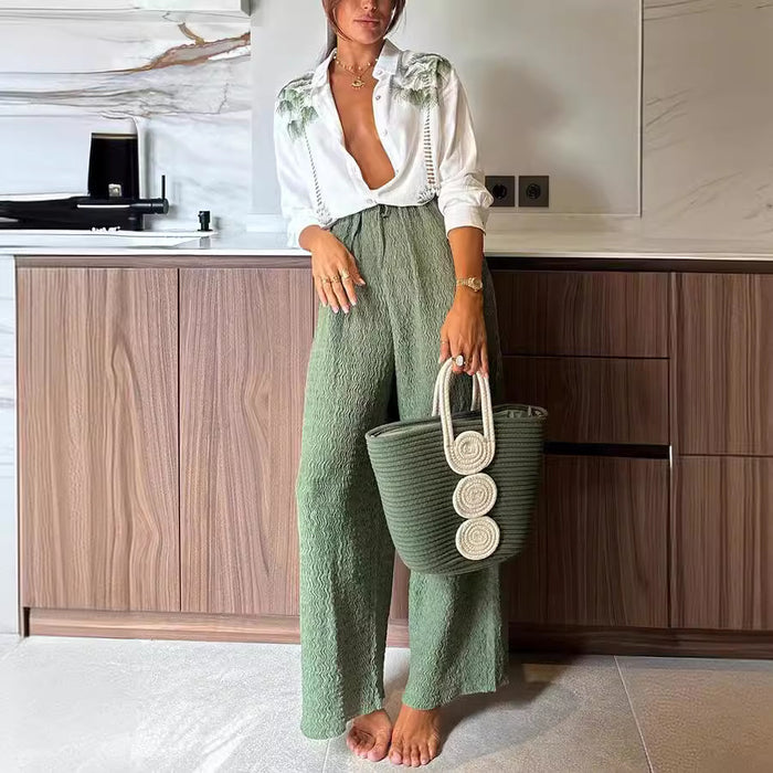 Spring Autumn Printed Long-Sleeved Single Breasted Trousers Suit Casual Loose Two Piece Suit