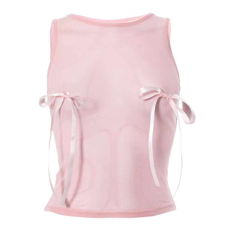 Sexy Sweet Sexy Pink Short Three Dimensional Bow Top Women Summer