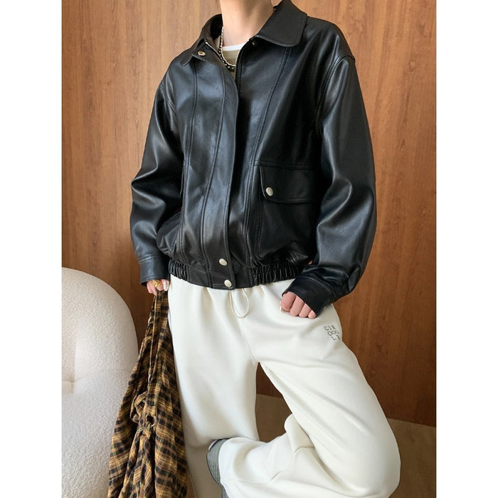 Faux Leather Retro Lapels Leather Coat Early Autumn