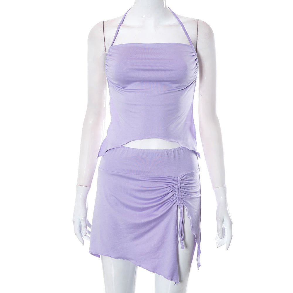 Sexy Halter Backless Purple Skirt Set Women Summer