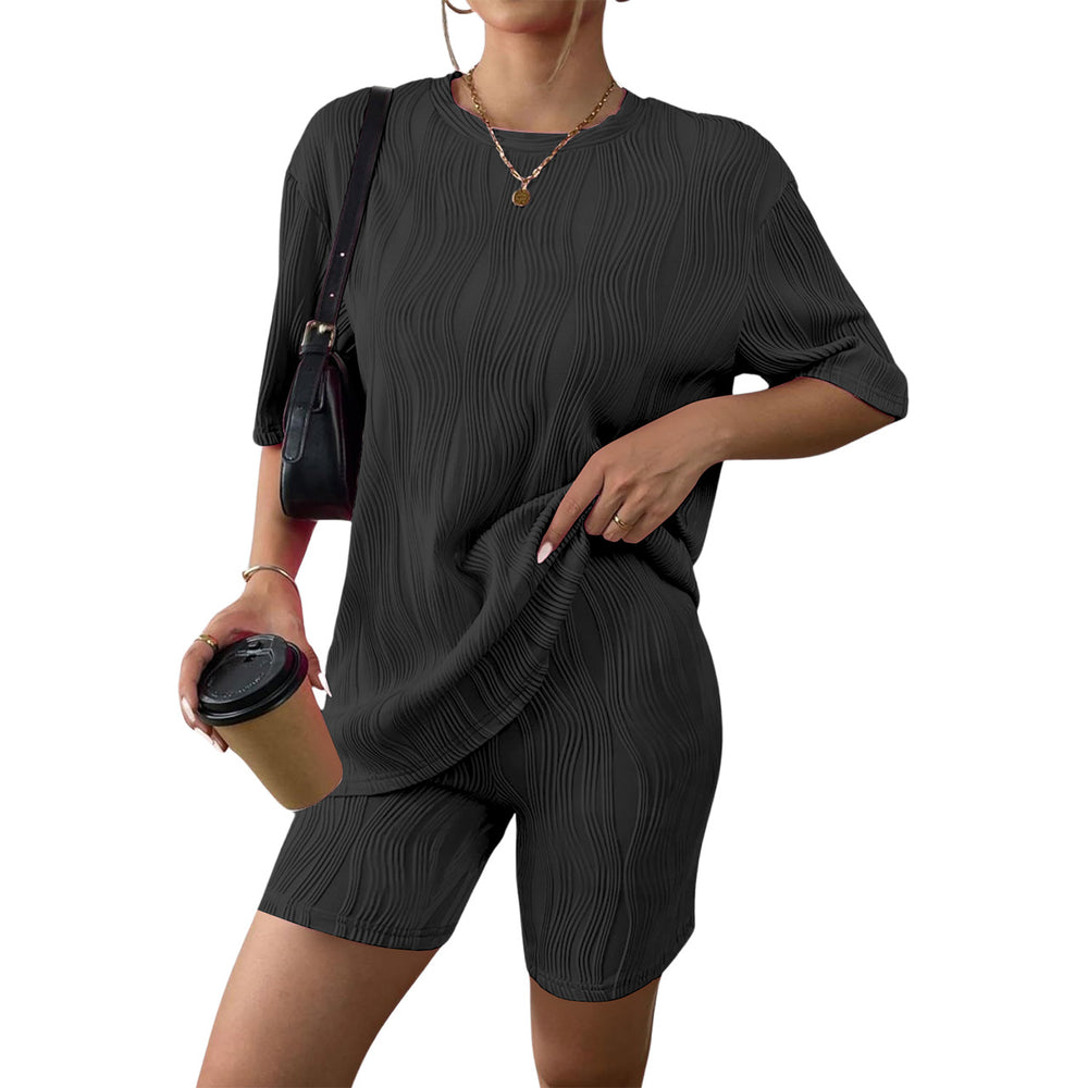 Women Clothing Round Neck Half Sleeve Shorts Loose Wave Pattern Casual Two Piece Suit