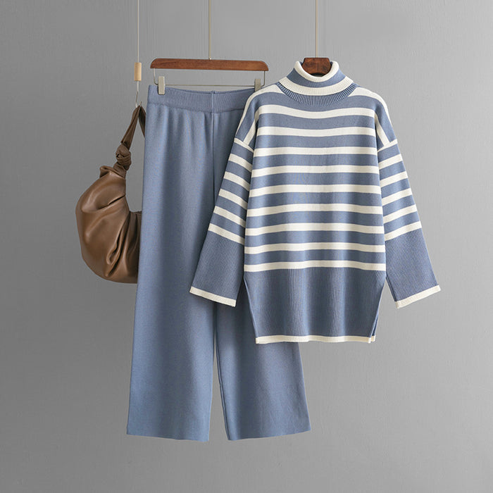 Striped Turtleneck Sweater for Women Autumn Winter Loose Design Sweater Pullover Top Two Piece Set